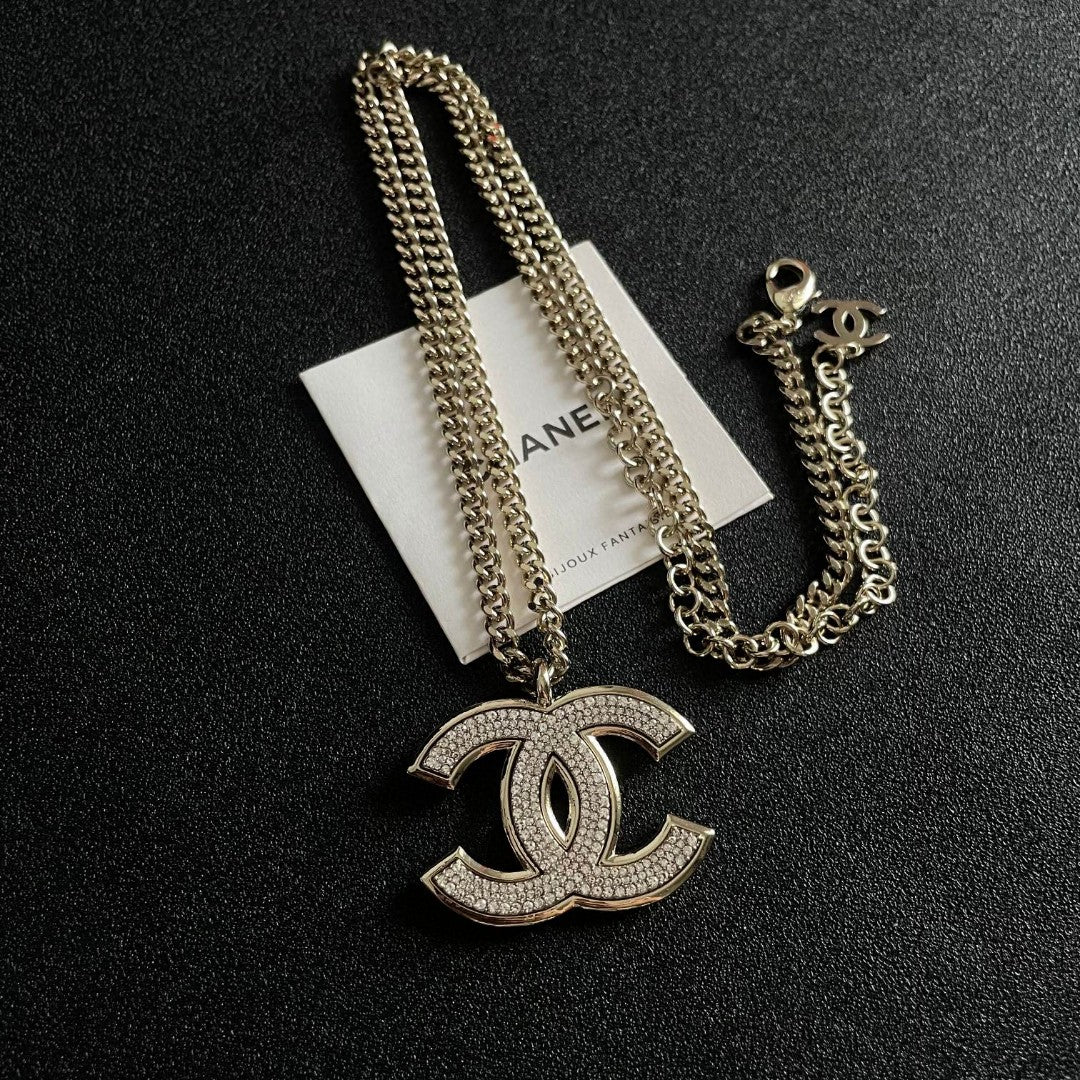 Double-C Emblem Crystal-Accent Pendant Necklace – Design 045 close-up detail