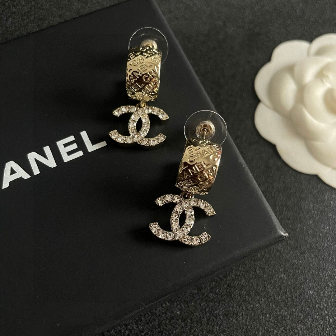 Double-C Emblem Crystal-Accent Statement Earrings – Design 011 detail view