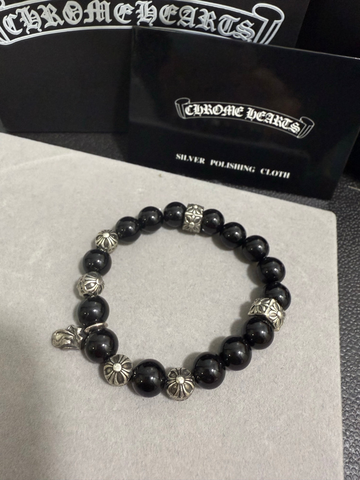 Gothic Emblem Beaded Bracelet in Antique Silver-Tone – Design 26 styled product view
