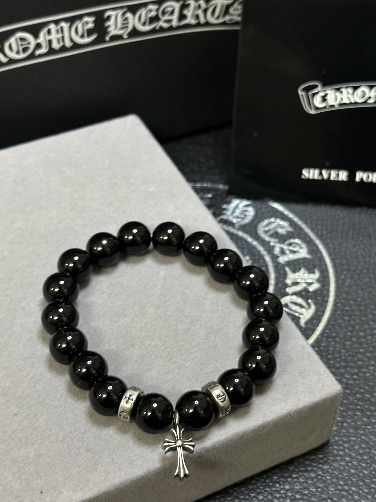 Gothic Emblem Beaded Bracelet in Antique Silver-Tone – Design 35 styled product view