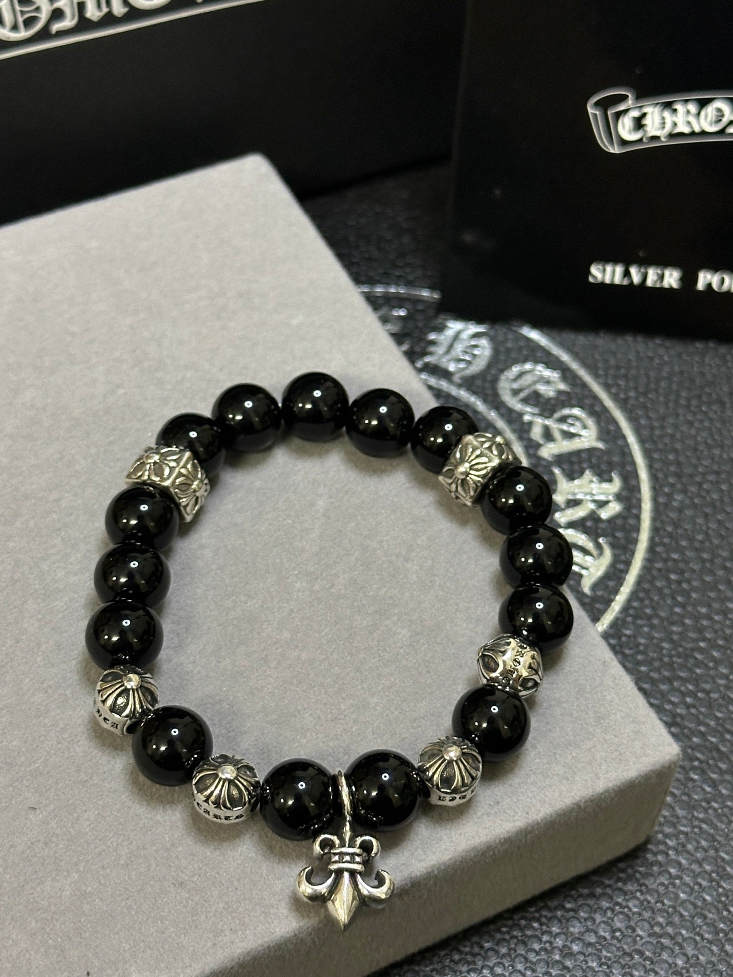 Gothic Emblem Beaded Bracelet in Antique Silver-Tone – Design 33 styled product view