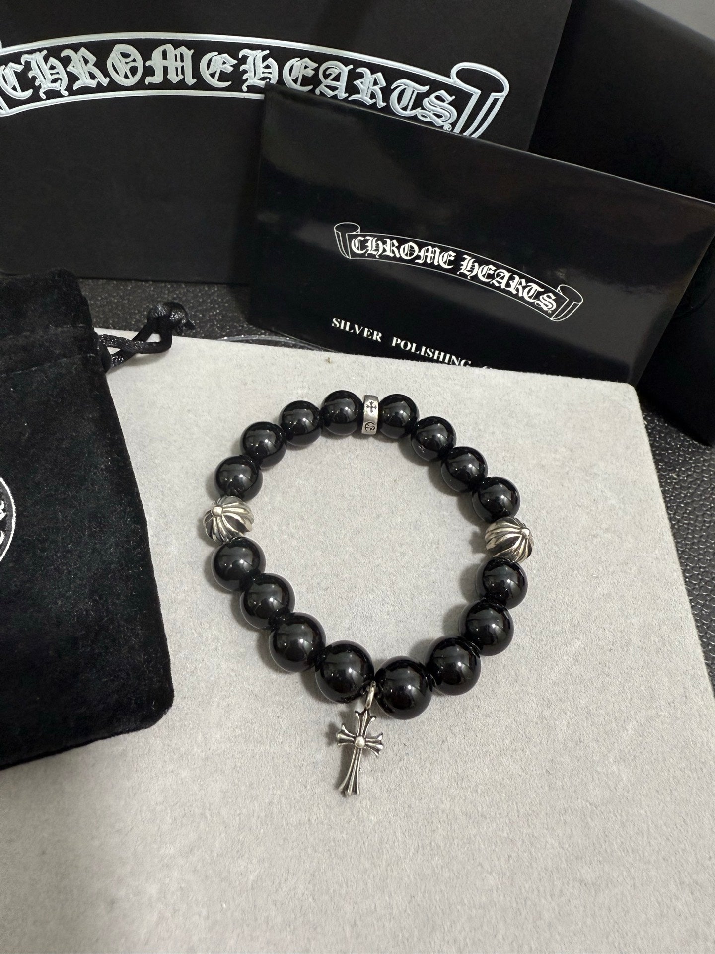 Gothic Emblem Beaded Bracelet in Antique Silver-Tone – Design 34 styled product view