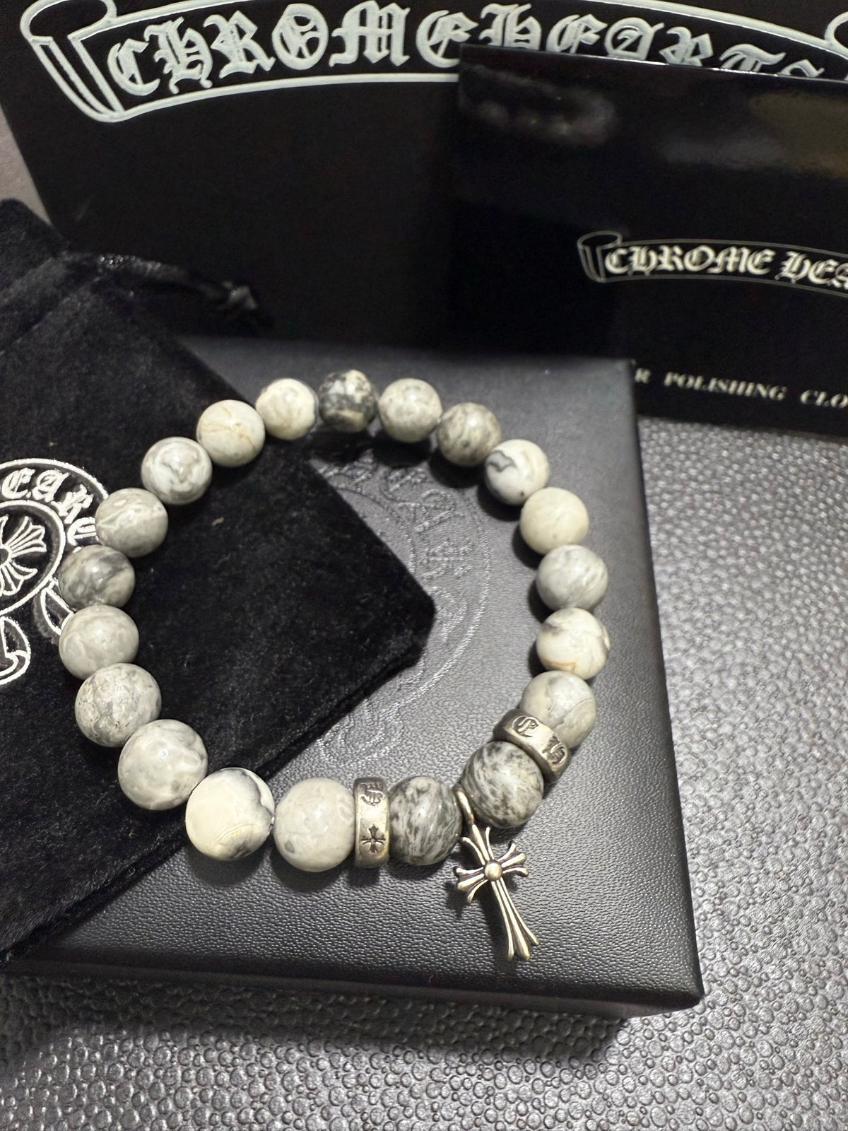 Gothic Emblem Beaded Bracelet in Antique Silver-Tone – Design 36 styled product view