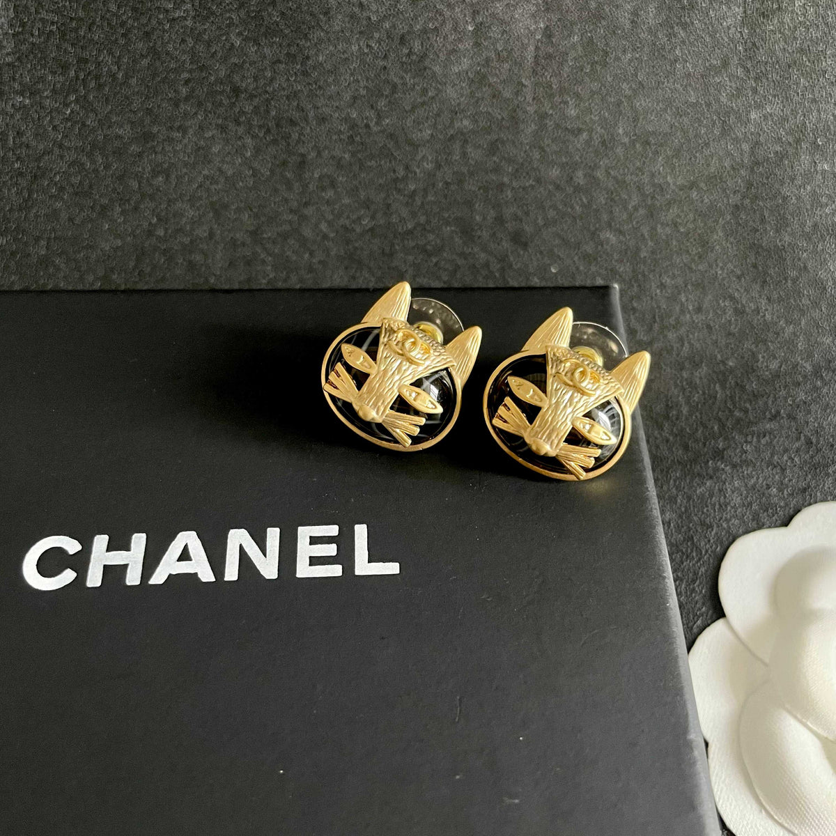 Signature Emblem Stud Earrings in Polished Metal-Tone – Design 076 detail view