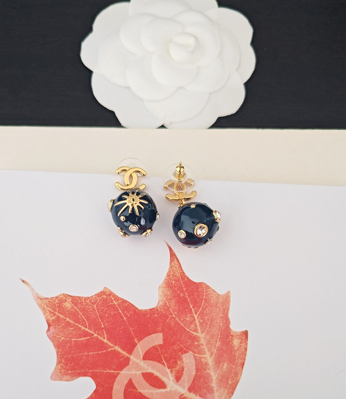 Signature Emblem Statement Earrings in Gold-Tone – Blue Detail – Design 005 styled product view