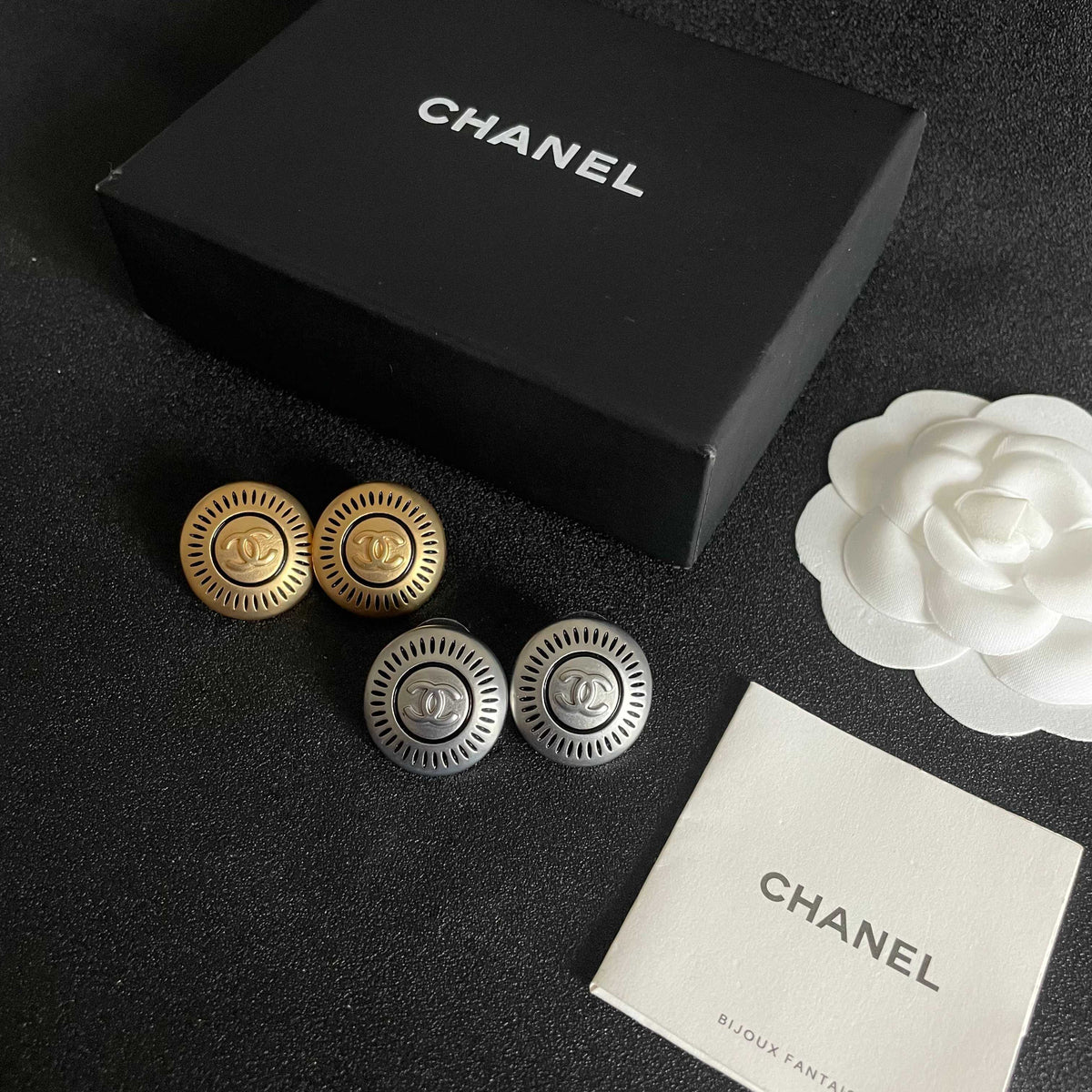 Double-C Emblem Stud Earrings in Polished Metal-Tone – Design 117 side detail