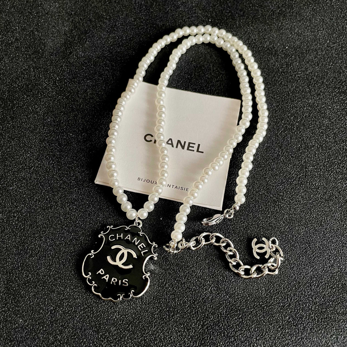Double-C Emblem Pearl-Detail Pendant Necklace – Pearl Detail – Design 003 detail view