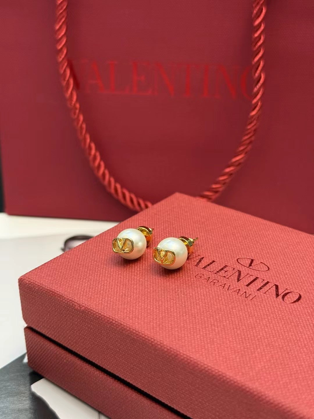 Signature Emblem Pearl-Detail Stud Earrings – Design 03 front view