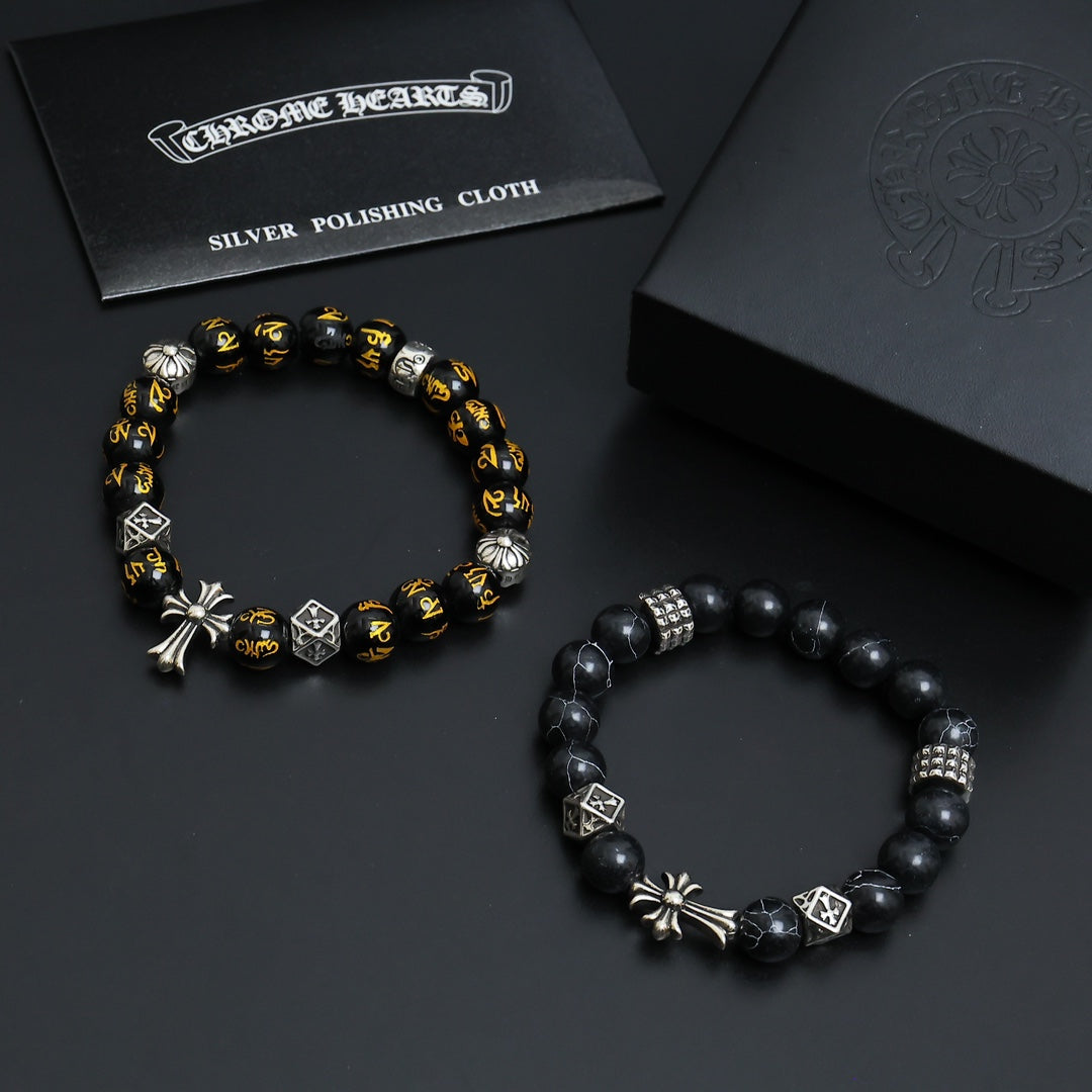 Gothic Emblem Beaded Bracelet in Antique Silver-Tone – Design 09 styled product view