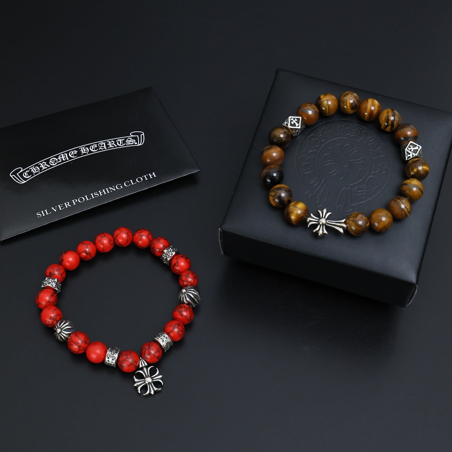 Gothic Emblem Beaded Bracelet in Antique Silver-Tone – Design 19 styled product view
