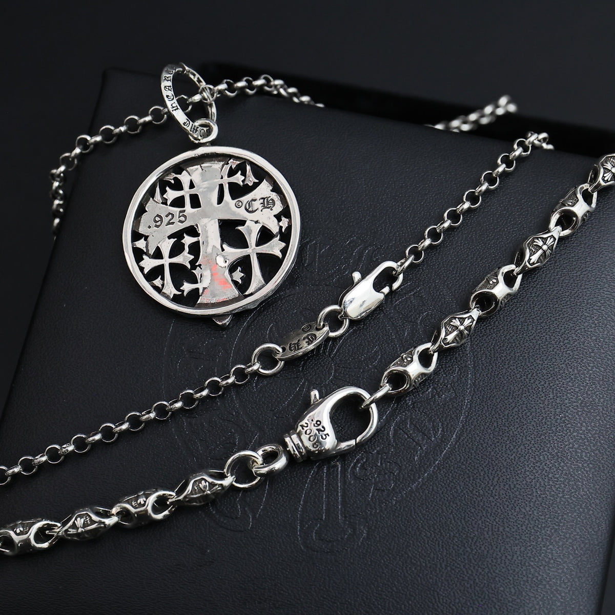 Gothic Emblem Pendant Necklace in Antique Silver-Tone – Design 20 styled product view