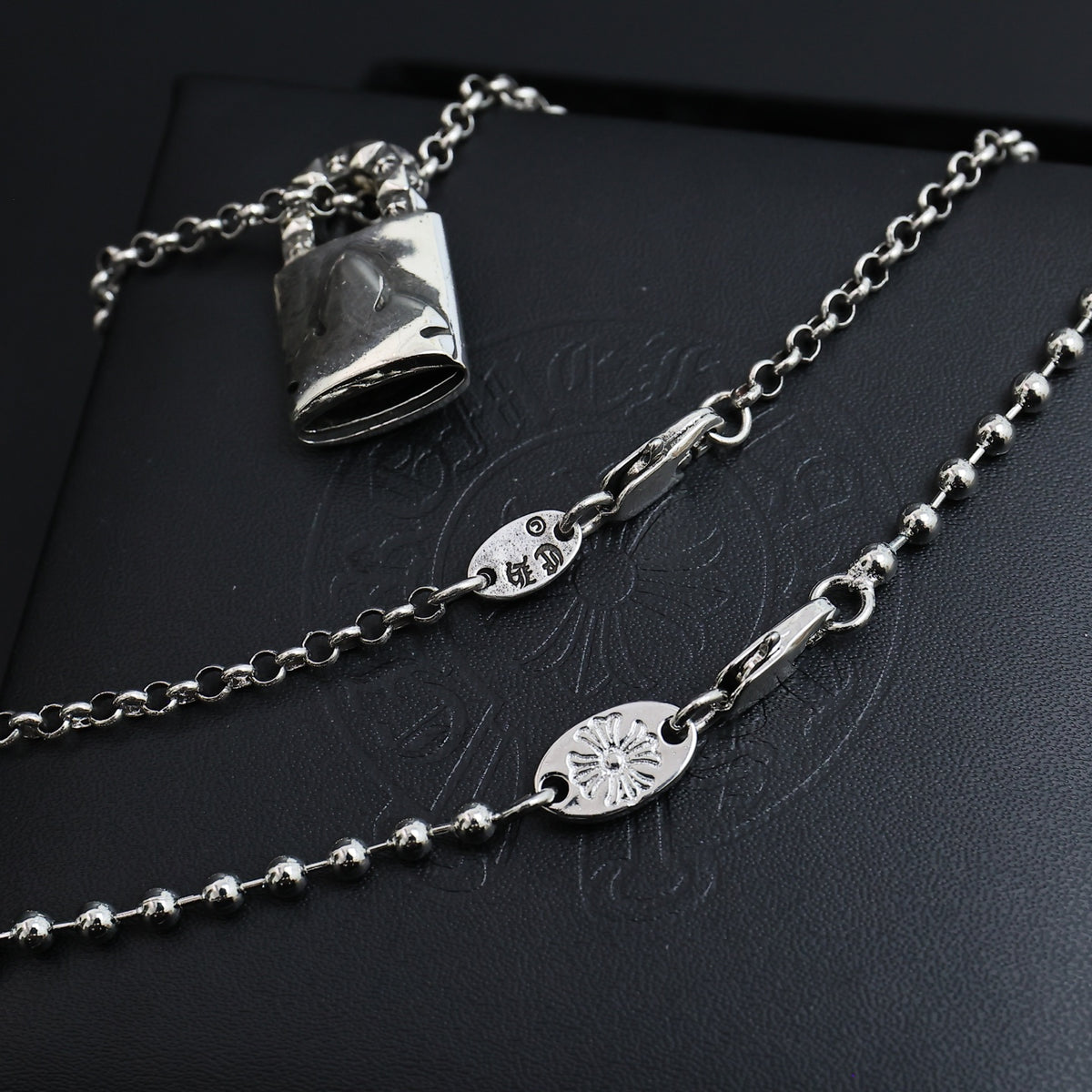 Gothic Emblem Pendant Necklace in Antique Silver-Tone – Design 03 styled product view