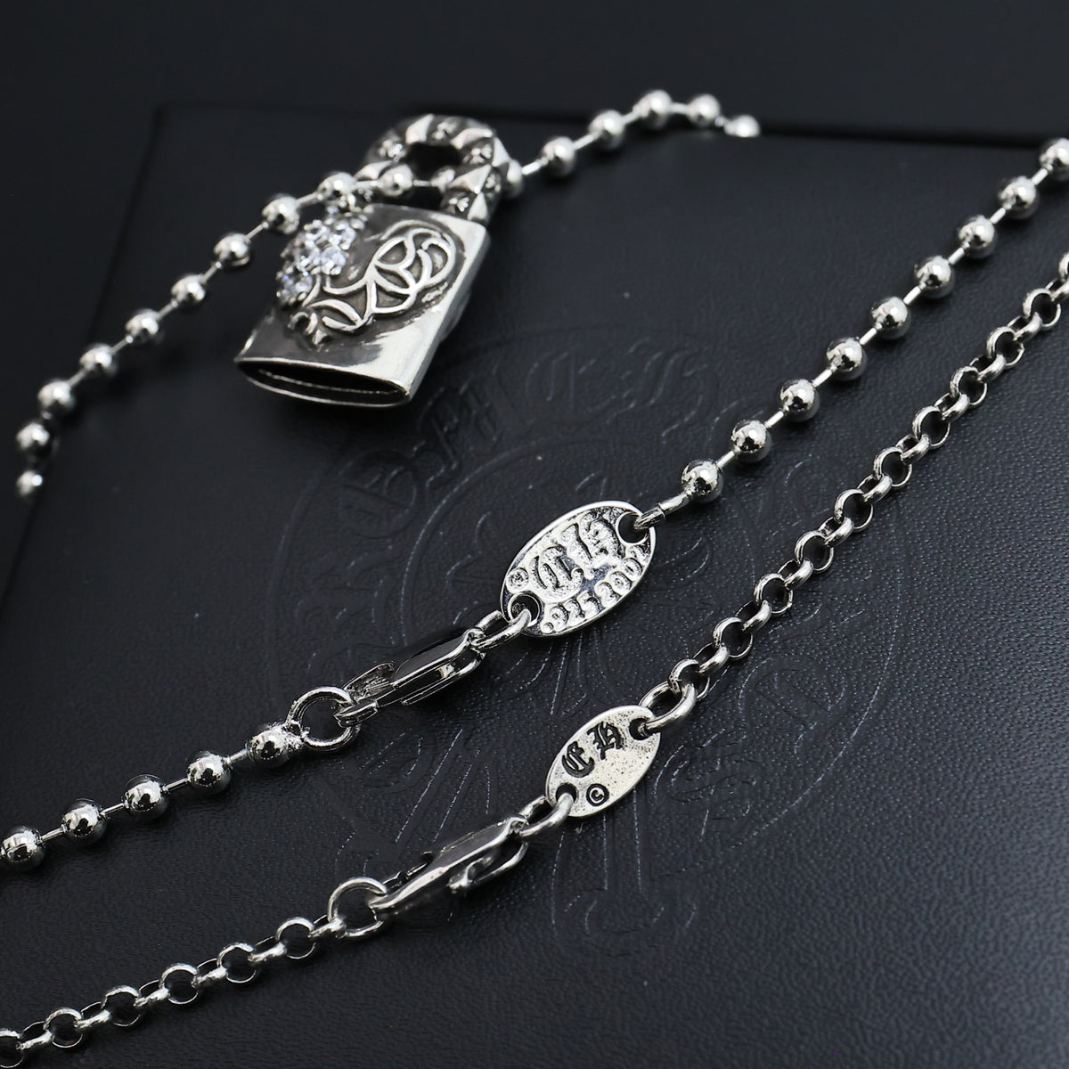 Gothic Emblem Pendant Necklace in Antique Silver-Tone – Design 17 styled product view
