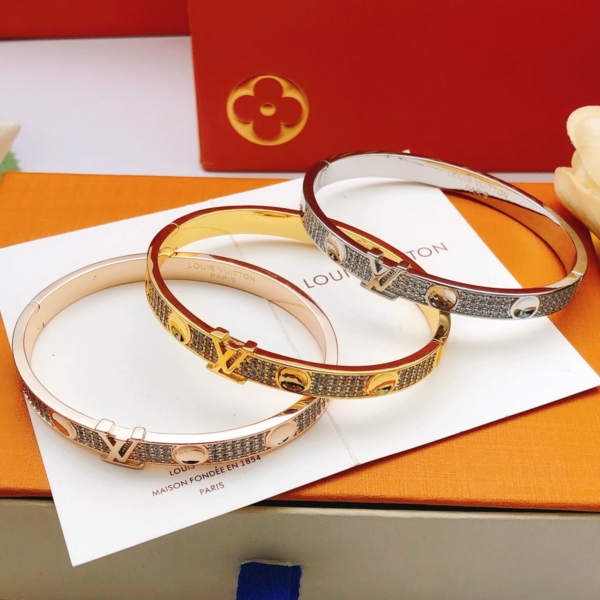 Geometric Emblem Bangle in Rose-Gold-Tone – Rose Gold Detail – Design 002 front product view