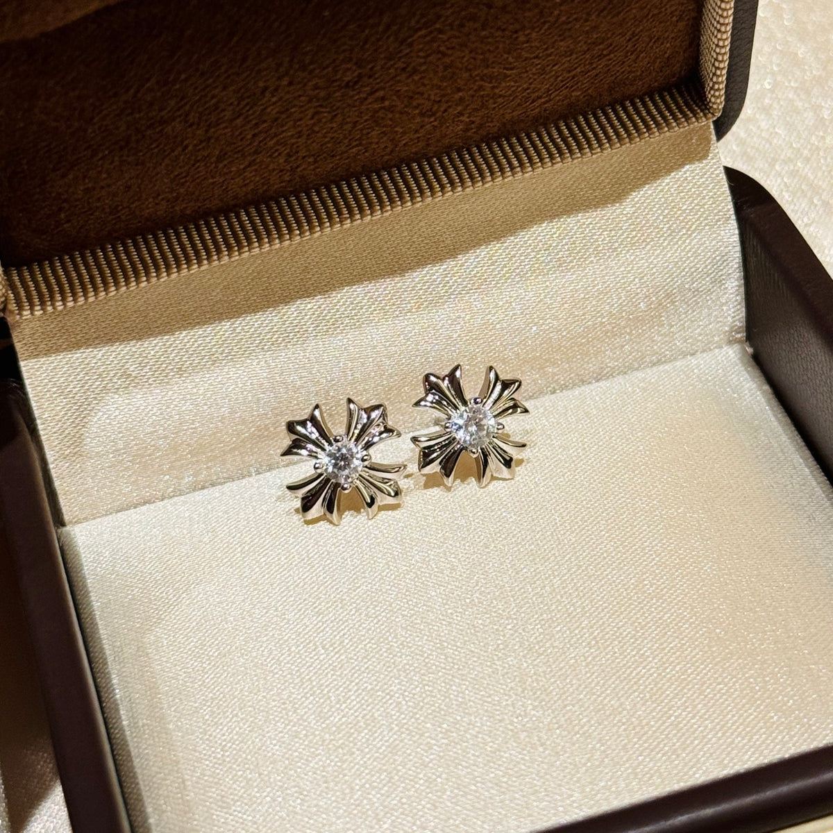 Cross Stud Earrings in Antique Silver-Tone – Design 03 detail view