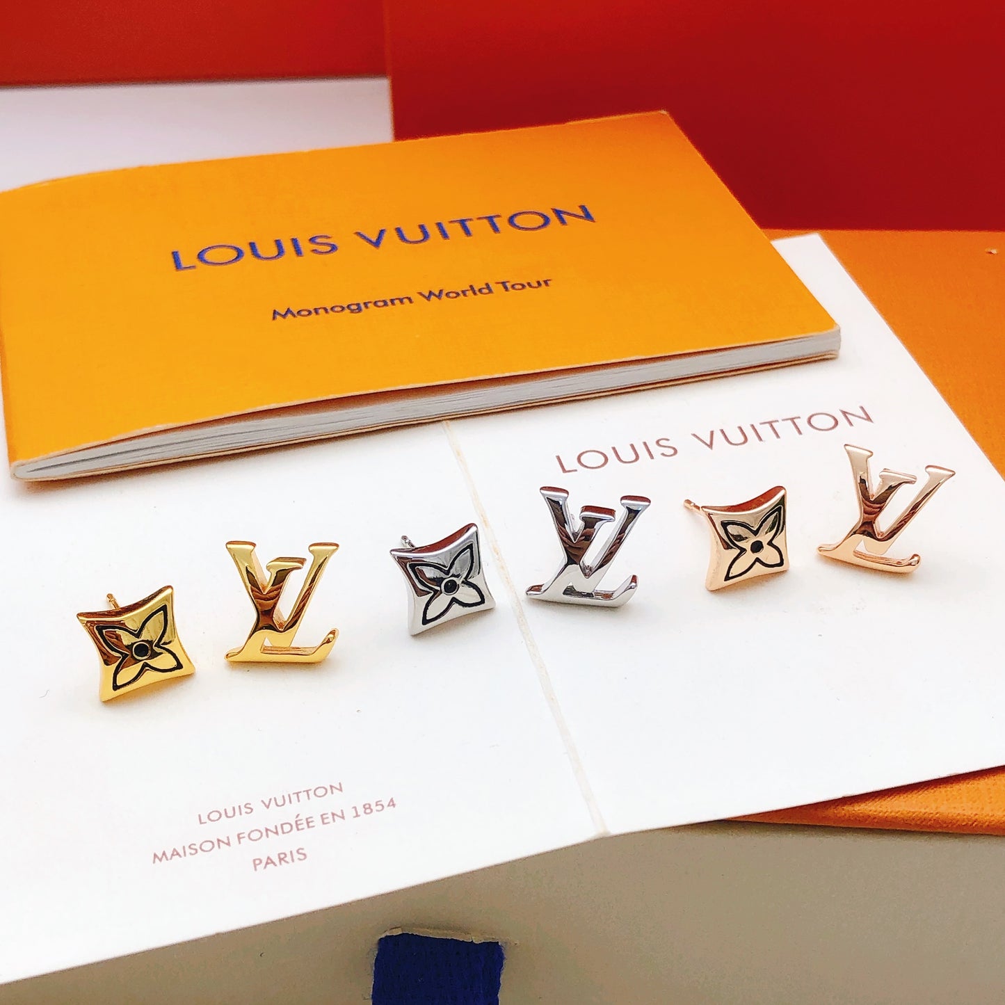 Geometric Emblem Stud Earrings in Silver-Tone – Silver Detail – Design 009 styled product view