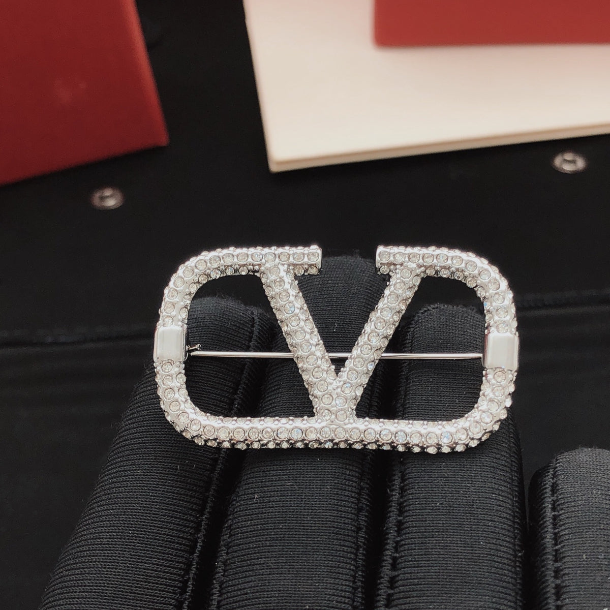 Signature Emblem Crystal-Accent Brooch close-up view