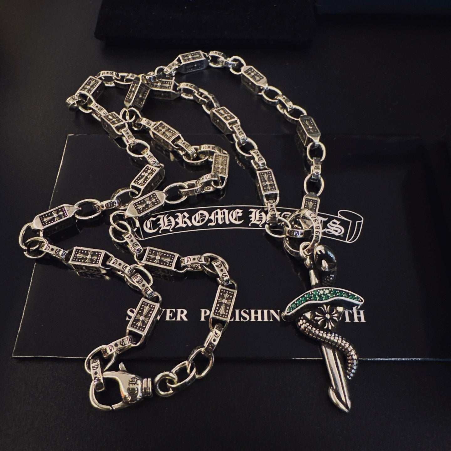 Gothic Emblem Pendant Necklace in Antique Silver-Tone – Design 09 detail view