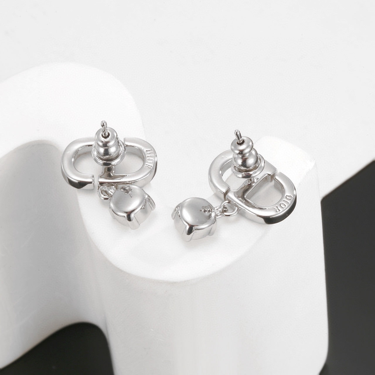 Graphic Letter Motif Stud Earrings in Polished Metal-Tone with Vintage-Style Finish – Design 007 close-up detail