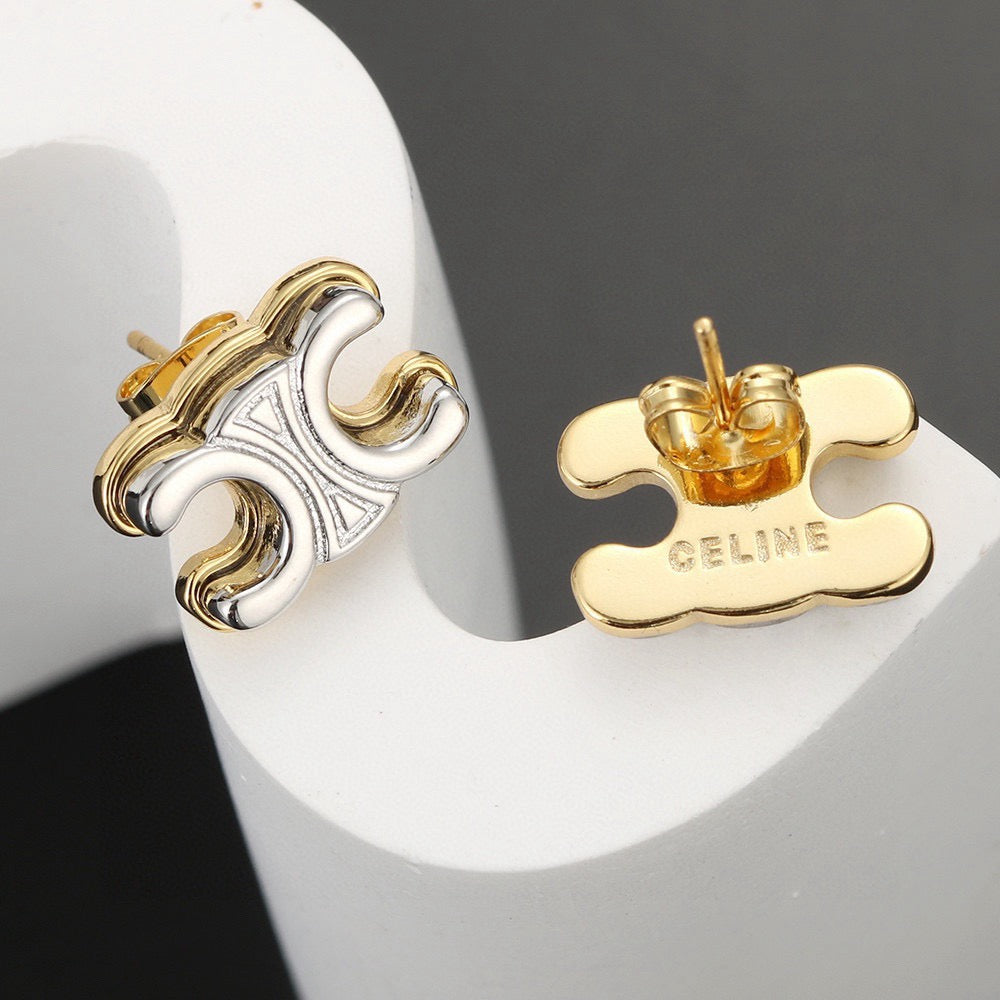 Triomphe-Inspired Emblem Stud Earrings in Polished Metal-Tone – Design 02 styled detail