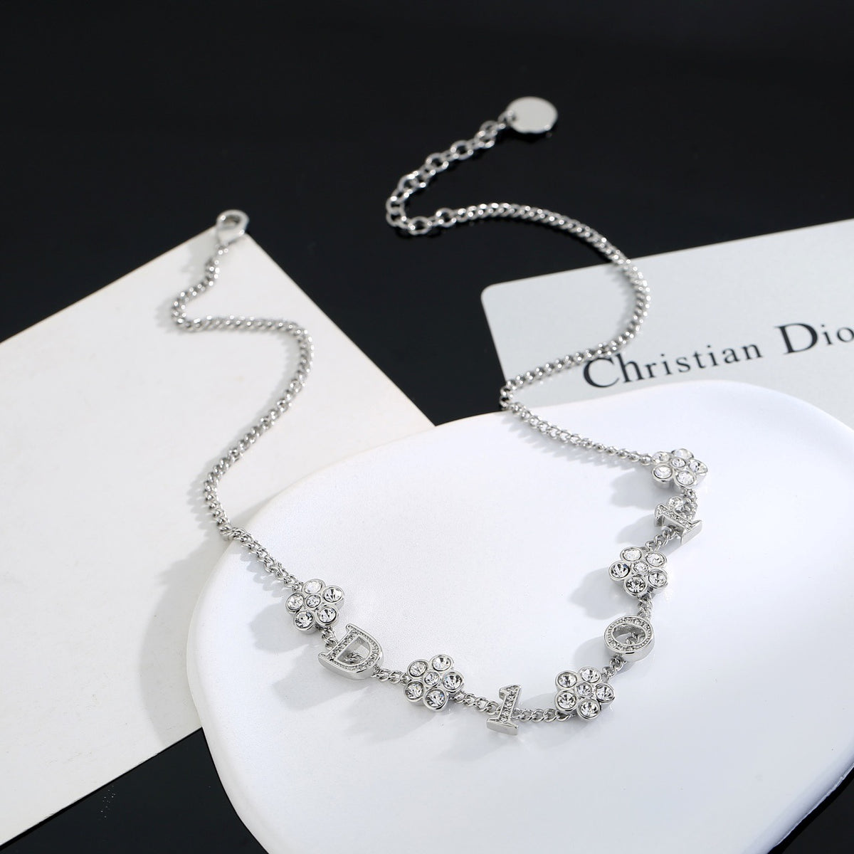 Floral Motif Pendant Necklace in Polished Metal-Tone with Crystal-Style Accents – Design 002 front view