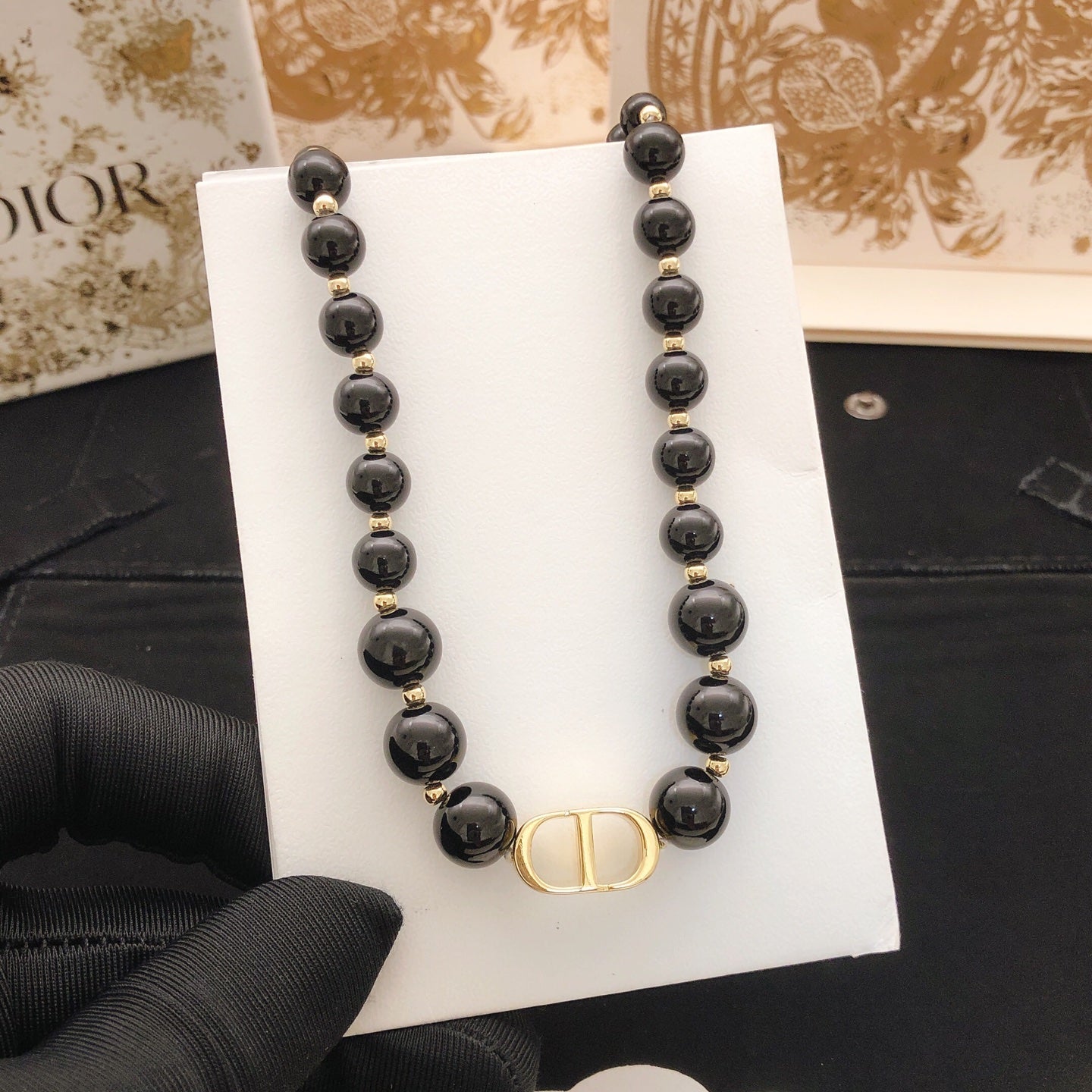 Pearl-Style Motif Pendant Necklace in Black-Tone with Pearl-Style Detail styled view