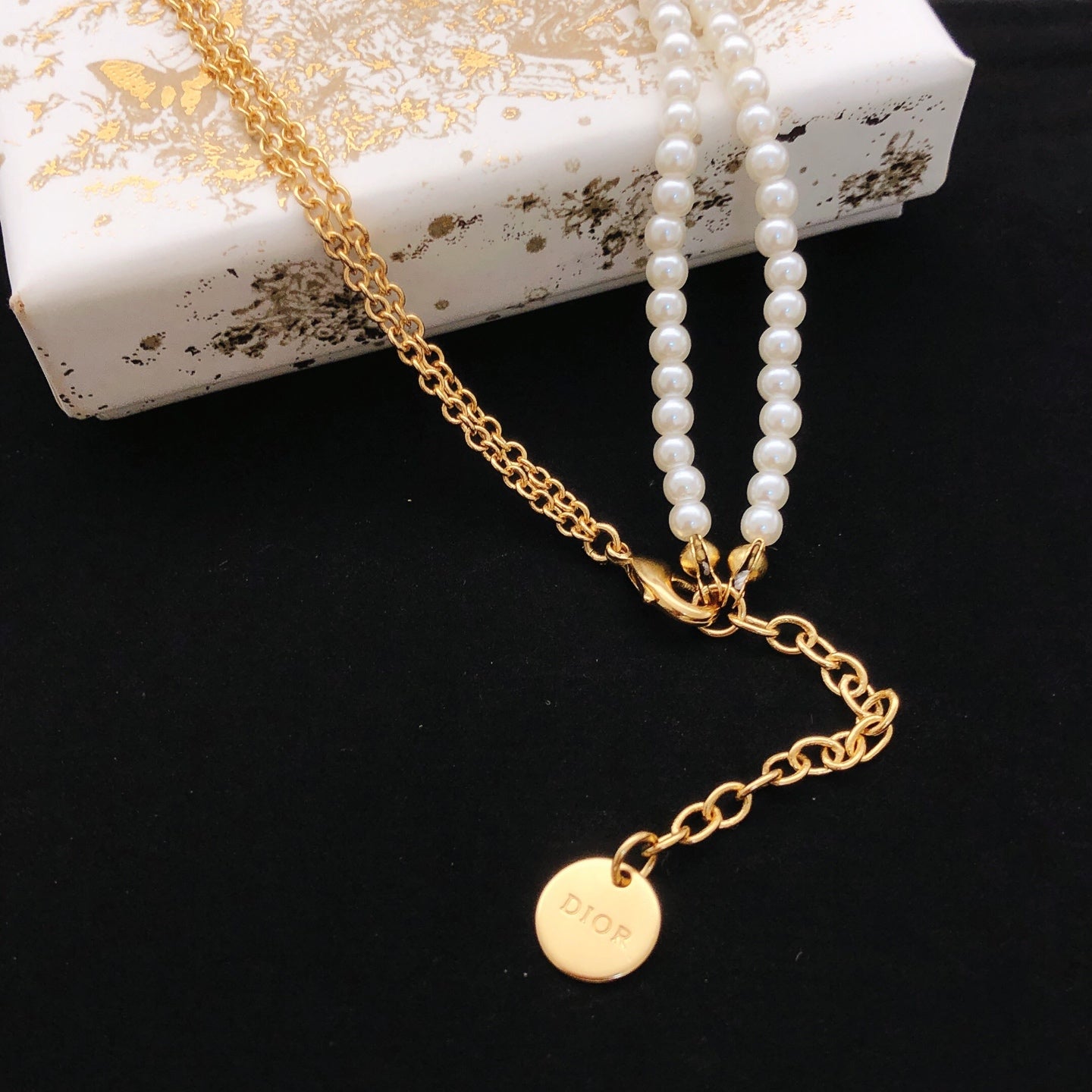 Pearl-Style Motif Pendant Necklace in Polished Metal-Tone with Pearl-Style Detail – Design 011 styled view