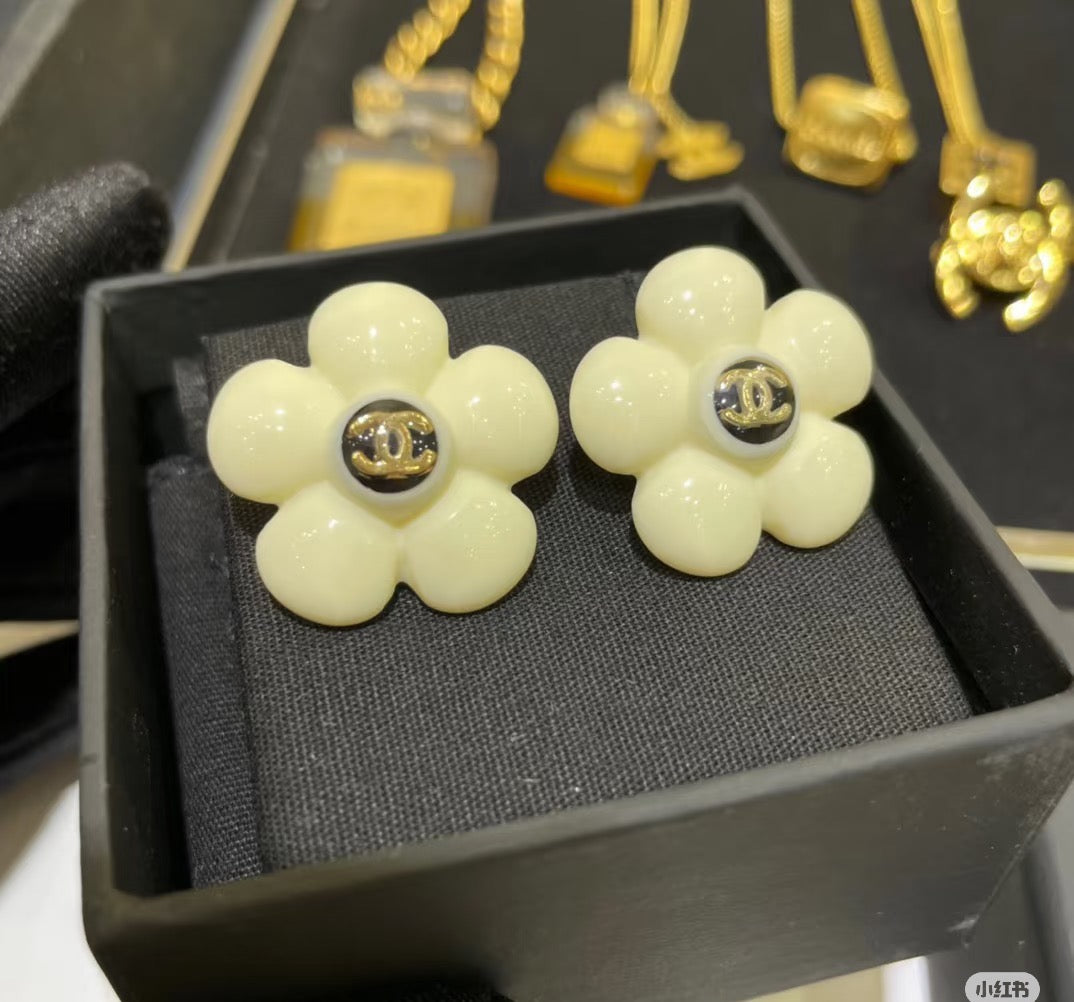 Camellia Stud Earrings in Polished Metal-Tone – Camellia Detail – Design 040 front product view