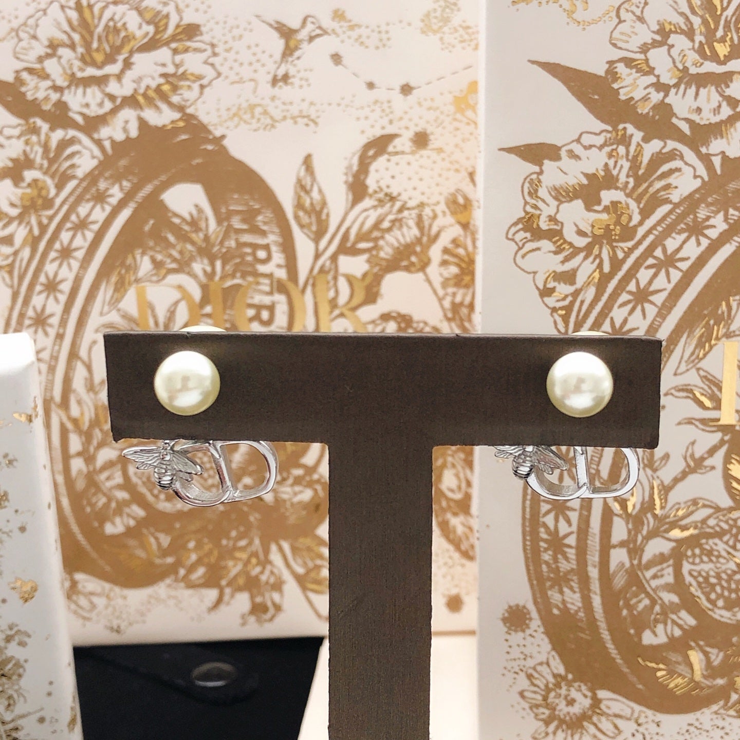 Bee Motif Stud Earrings in Polished Metal-Tone – Design 003 close-up detail