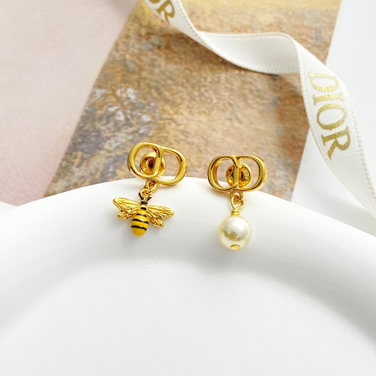 Pearl-Style Motif Stud Earrings in Gold-Tone with Pearl-Style Detail – Design 005 front view