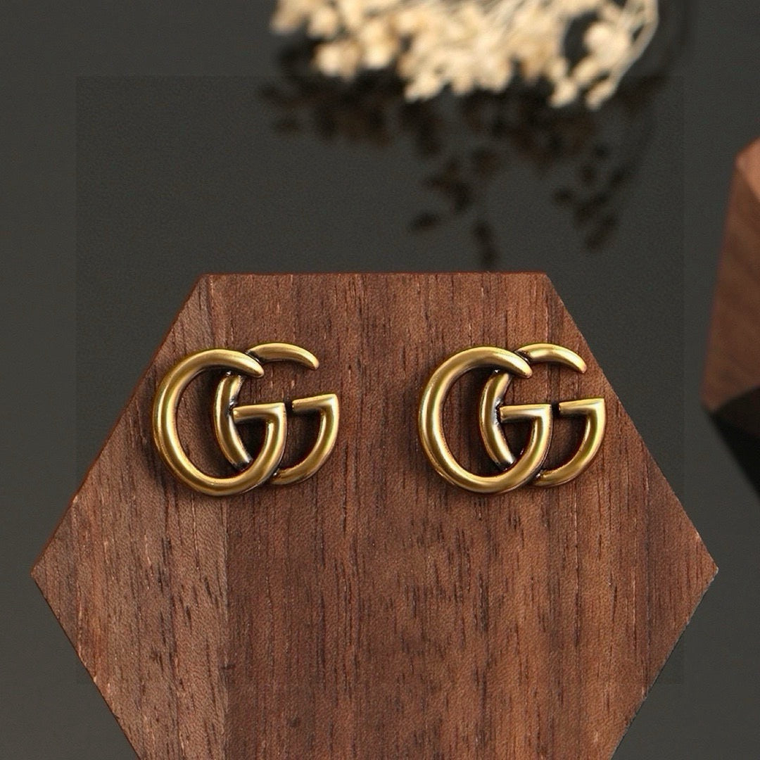 Geometric Emblem Stud Earrings in Polished Metal-Tone – Design 008 front product view