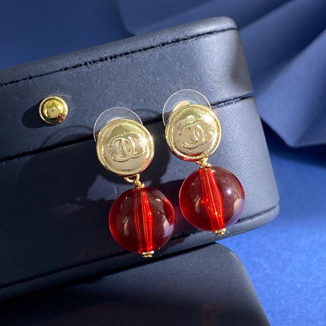 Double-C Emblem Stud Earrings in Silver-Tone – Red Detail detail view