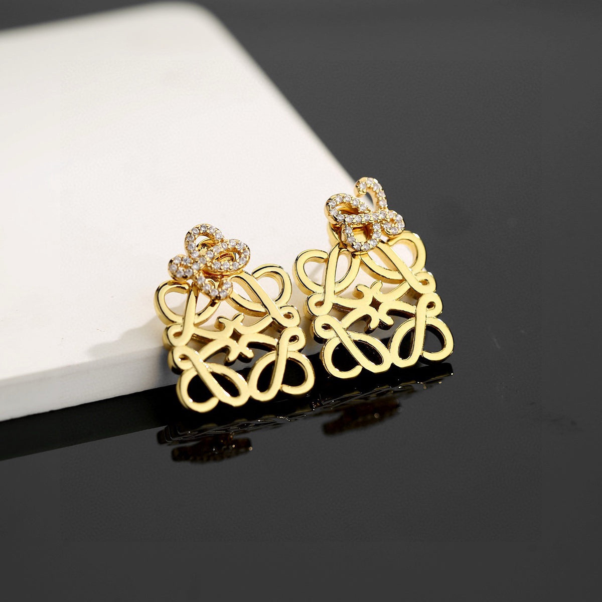 Floral Motif Stud Earrings in Gold-Tone with Crystal-Style Accents – Design 05 front view