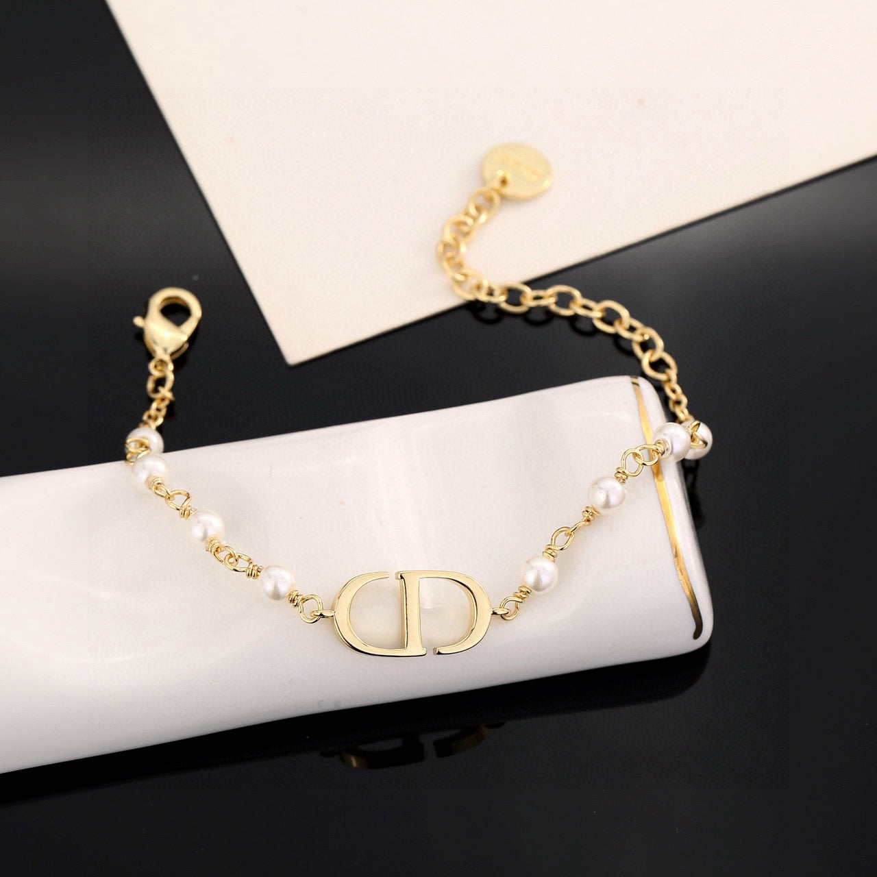 Pearl-Style Motif Statement Bracelet in Polished Metal-Tone with Pearl-Style Detail – Design 010 close-up detail
