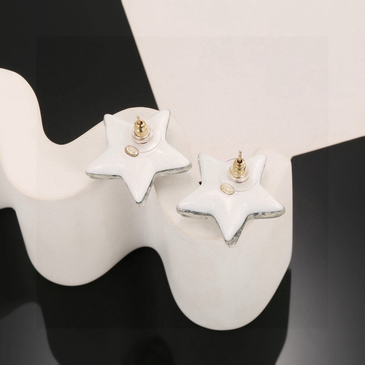 Double-C Emblem Stud Earrings in Silver-Tone – Star Detail – Design 005 front product view