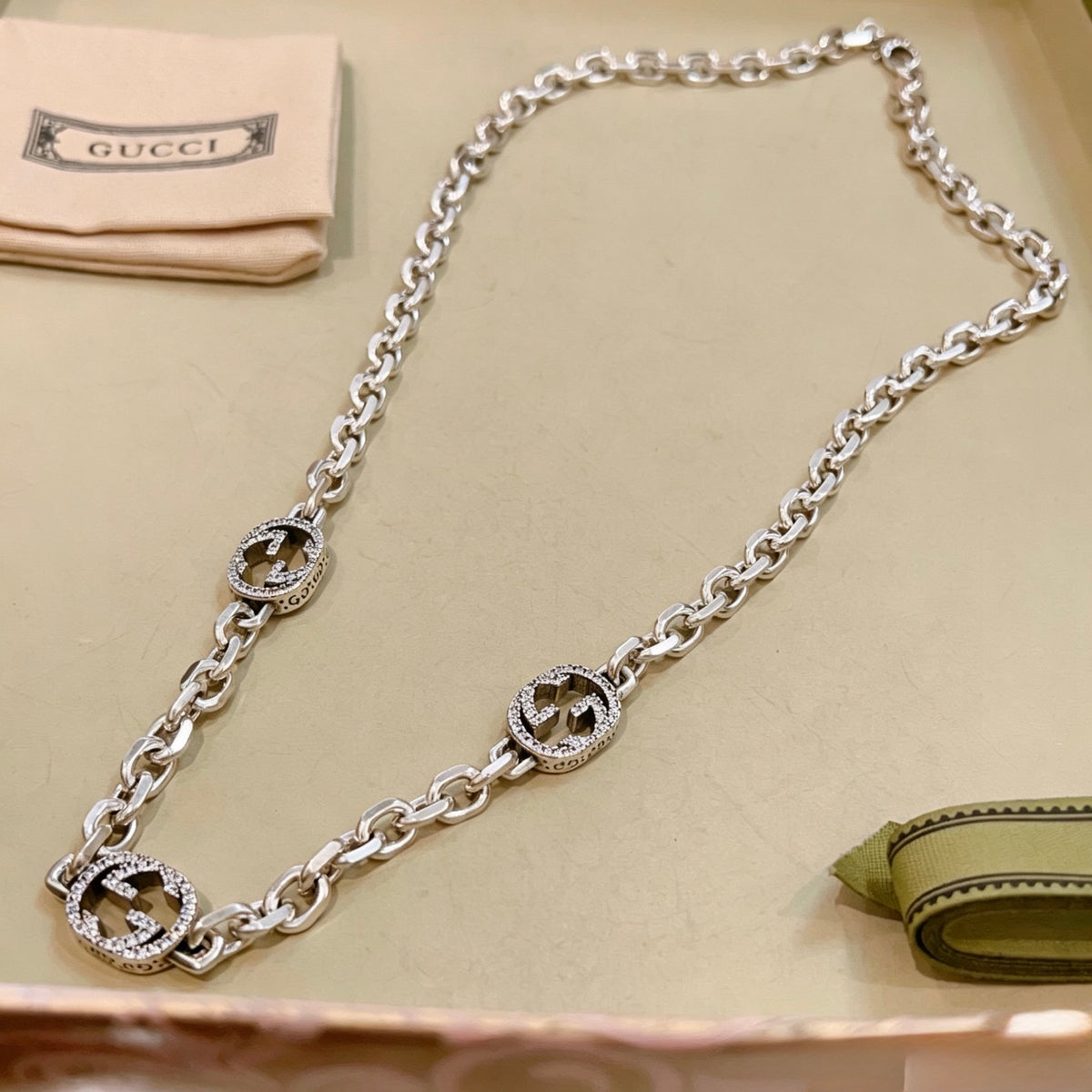 Double-G Emblem Pendant Necklace in Polished Metal-Tone – Design 241 detail view