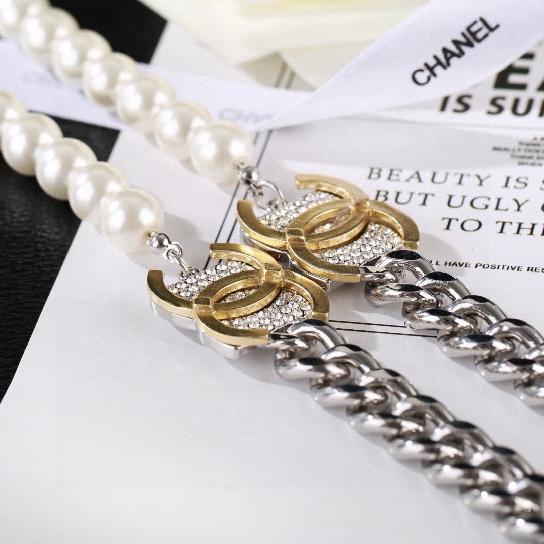 Double-C Emblem Pearl-Detail Pendant Necklace – Pearl Detail – Design 134 front product view
