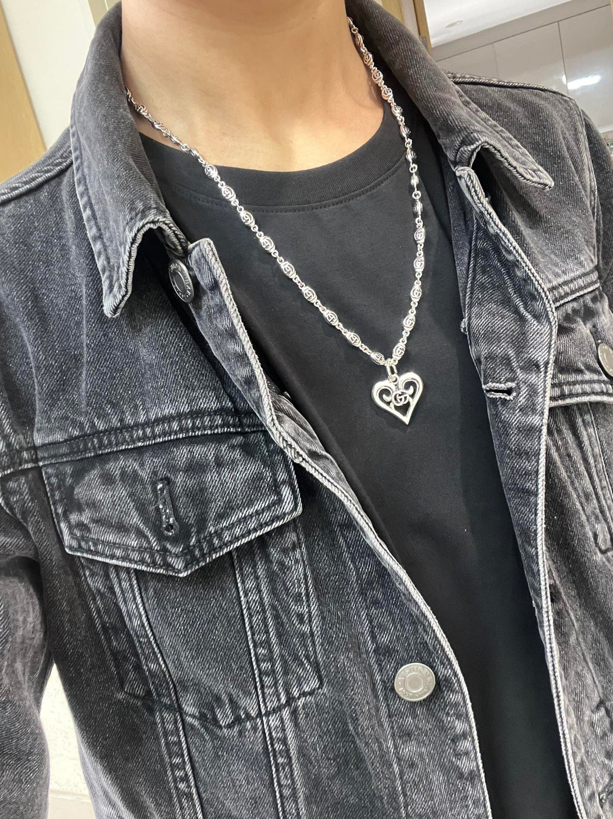 Double-G Emblem Pendant Necklace in Polished Metal-Tone – Design 232 detail view