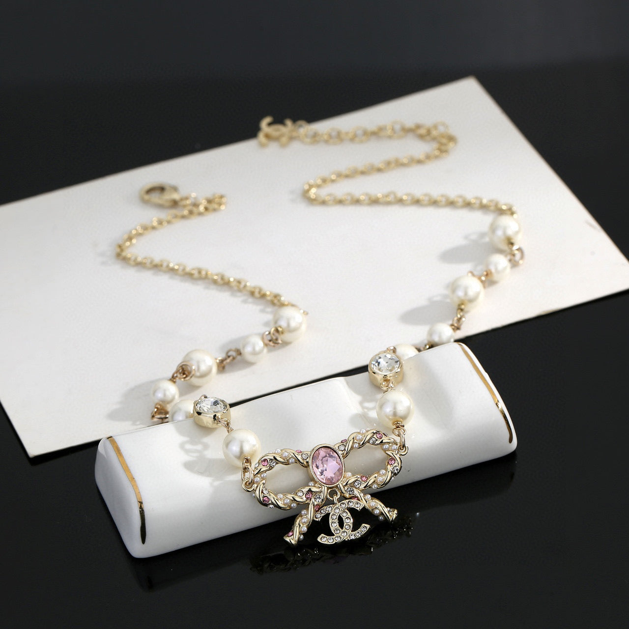 Bow Pearl-Detail Pendant Necklace – Pearl Detail – Design 002 main product view