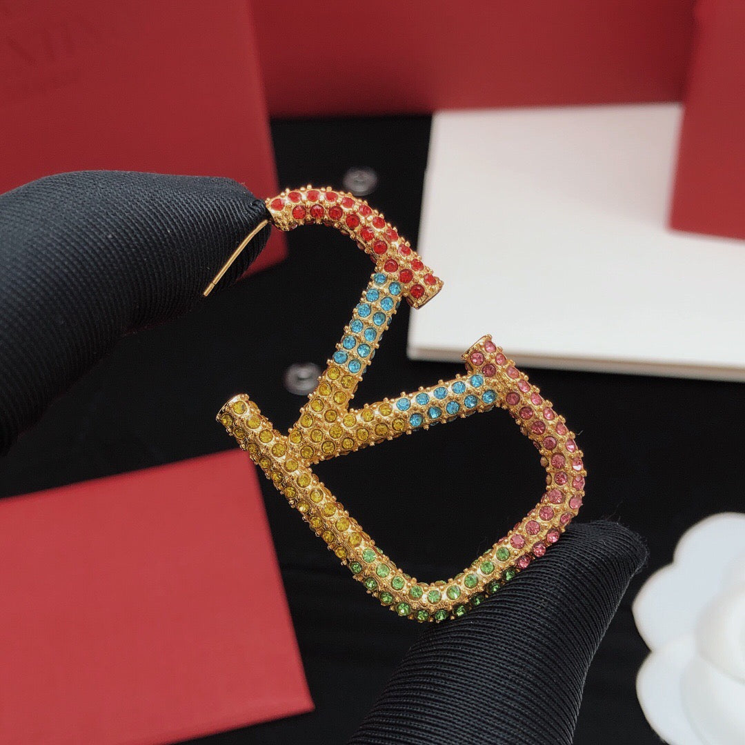 V Emblem Crystal-Accent Statement Earrings – Design 01 detail view