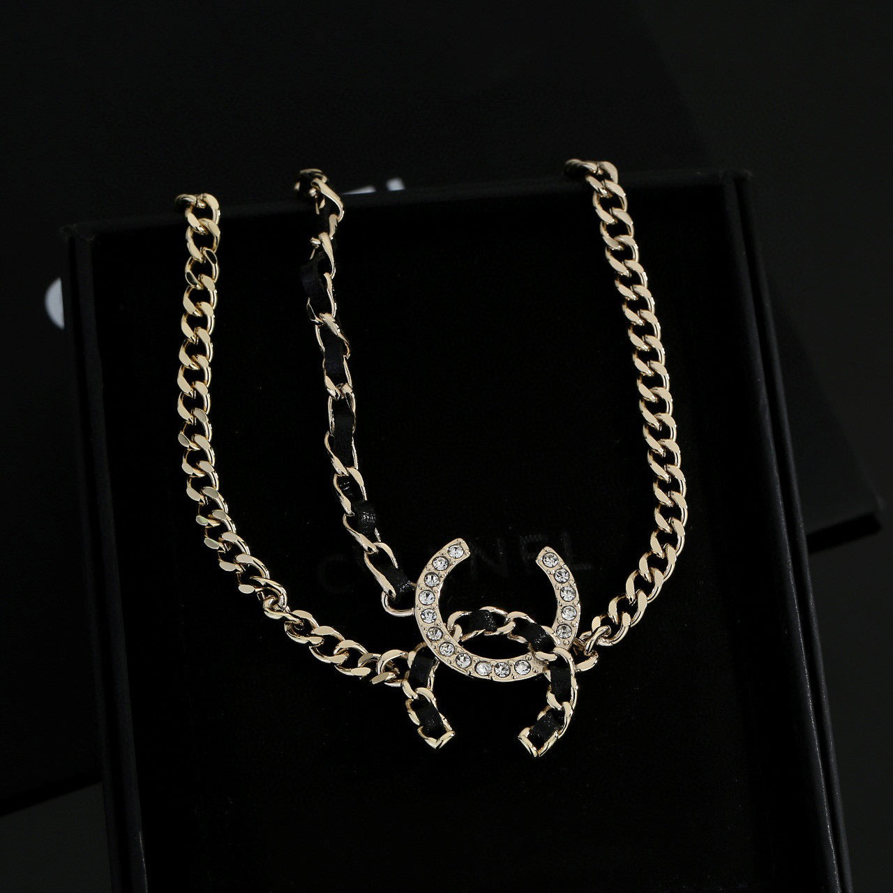 Signature Emblem Pendant Necklace in Gold-Tone – Black Detail – Design 010 styled product view
