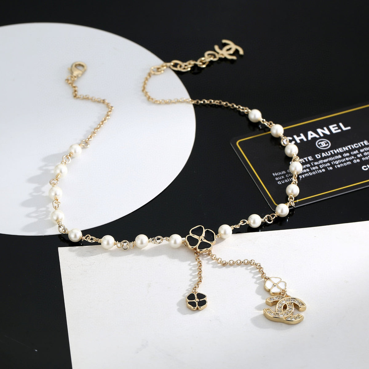 Double-C Emblem Pearl-Detail Pendant Necklace – Pearl Detail – Design 025 styled product view