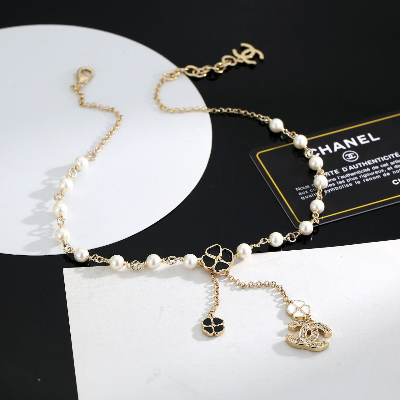 Double-C Emblem Pearl-Detail Pendant Necklace – Pearl Detail – Design 026 styled product view