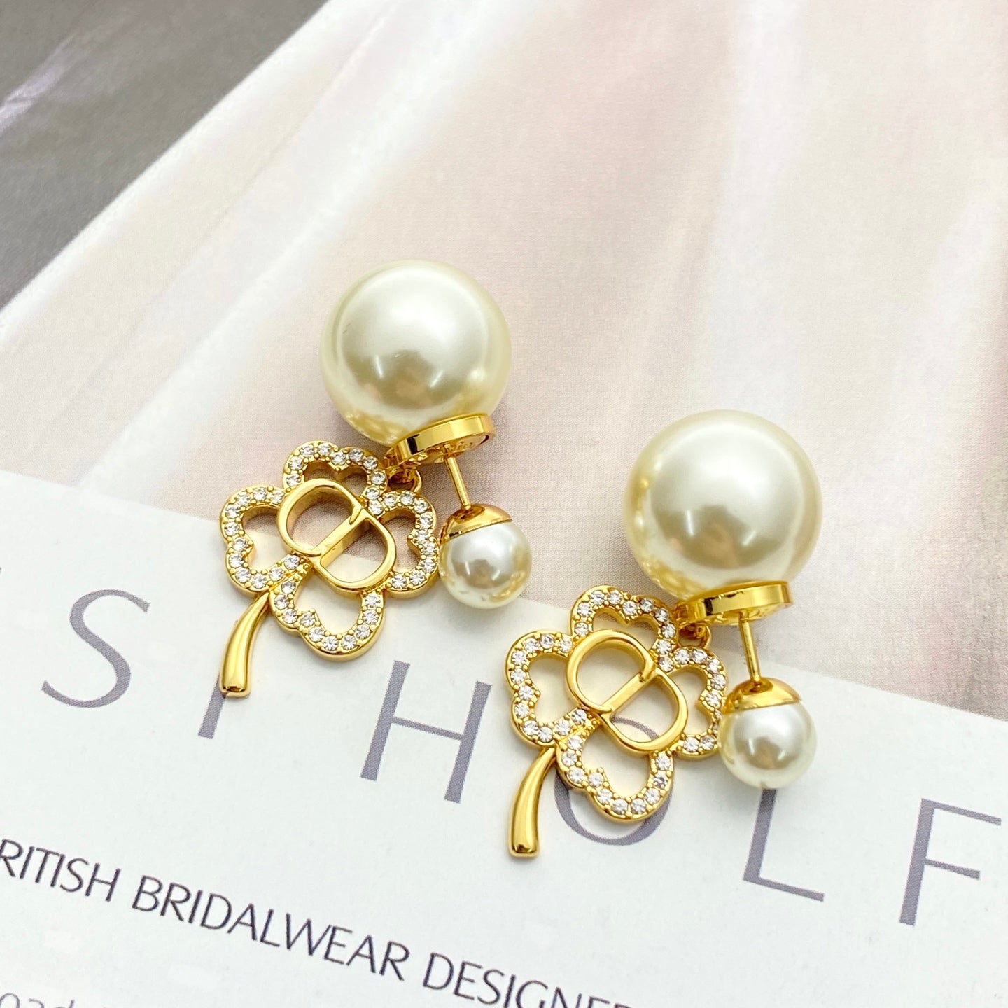 Pearl-Style Motif Stud Earrings in Gold-Tone with Pearl-Style Detail – Design 003 front view