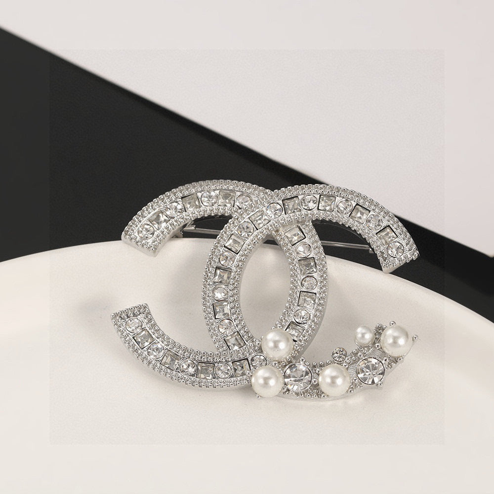 Double-C Emblem Brooch in Polished Metal-Tone – Pearl Detail – Design 003 front product view
