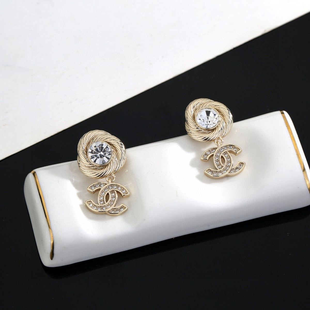 Double-C Emblem Stud Earrings in Gold-Tone – Design 004 main product view
