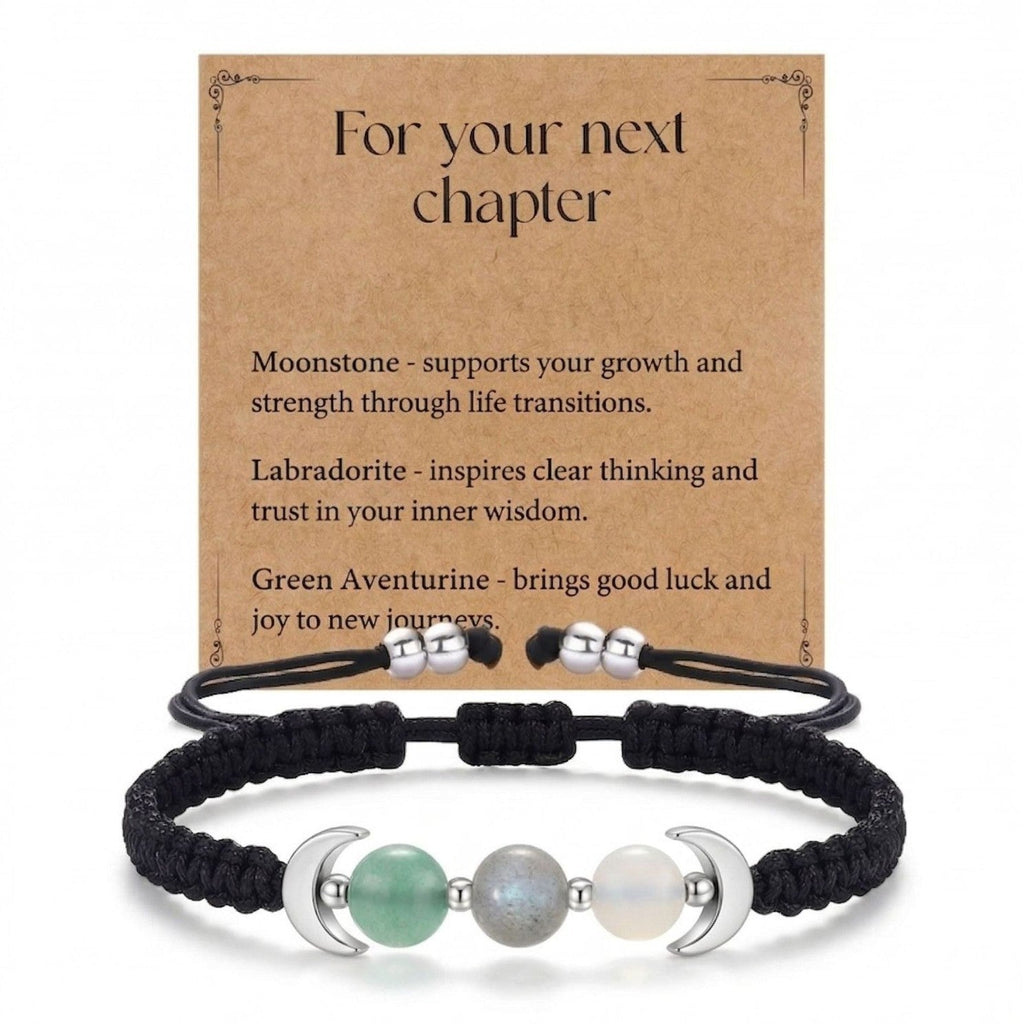 New Moon New Beginnings Bracelet | Moonstone Labradorite Black Obsidian | Crescent Moon Charm | New Chapter Gift