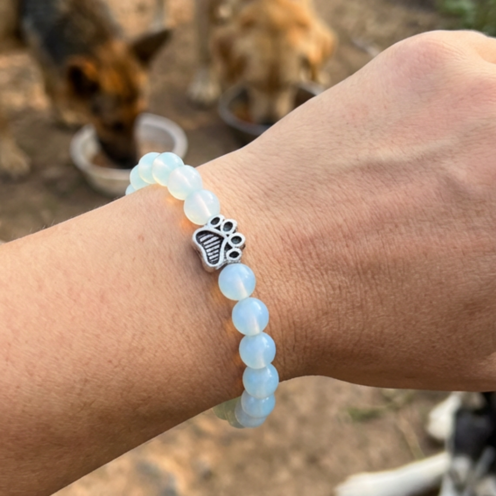 Moonlight Opalite Bead Bracelet | Antique Silver Paw Charm | Rescue Charity