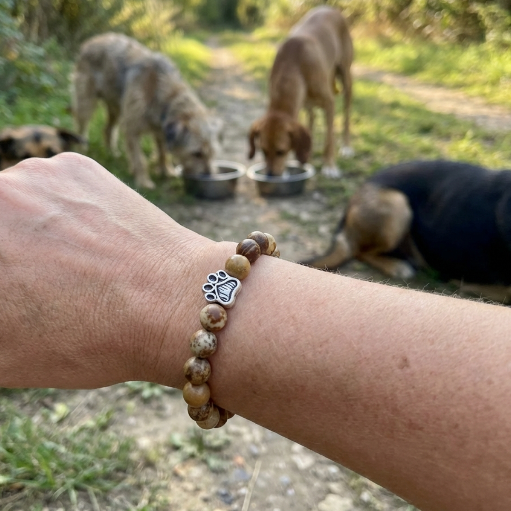 Dune Sand Natural Stone Bead Bracelet | Silver Paw Charm | Gift Box & Dog Stickers | Rescue Charity