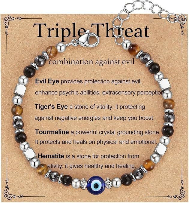Evil Eye Fivefold Protection Bracelet | 5 Natural Crystals | Adjustable Wax Rope